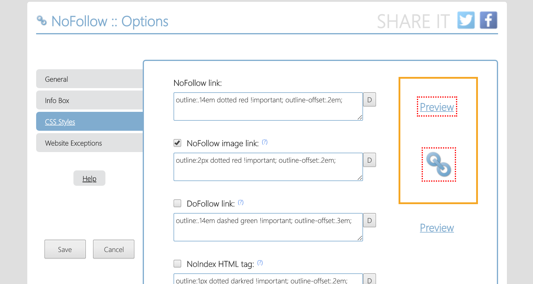 NoFollowでnofollowリンクがハイライトされた例